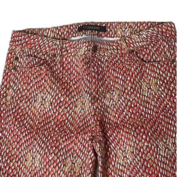 𝅺LIVERPOOL Jeans Pauline Red Beige Printed Zip Ankle Cropped Jeans 10 - Picture 2 of 8